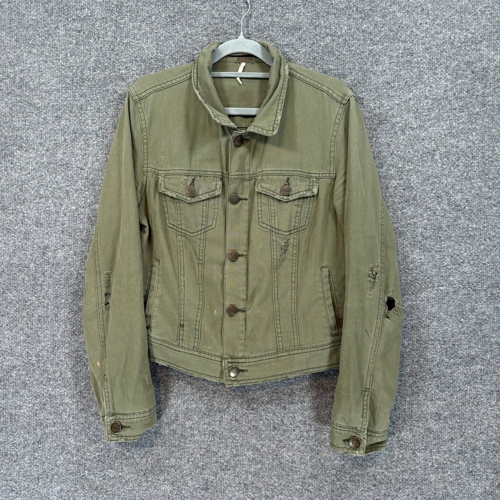 Free People Jacket Womens 10 Green Distressed Cotton Twill Utility Trucker New